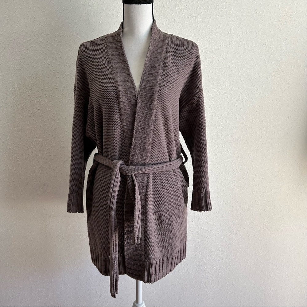 Aerie Belted Open Knit Cardigan Sweater Size M Purple Gray Souchy Lagenlook